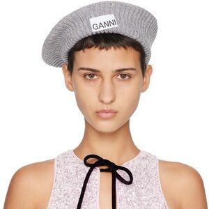 GANNI Wool Rib Knit Beret in Paloma Melange O/S